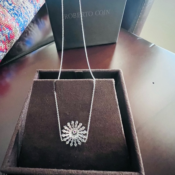 New Roberto Coin Tiny Treasures 18K White Gold Diamond Sunburst Necklace - Picture 5 of 5